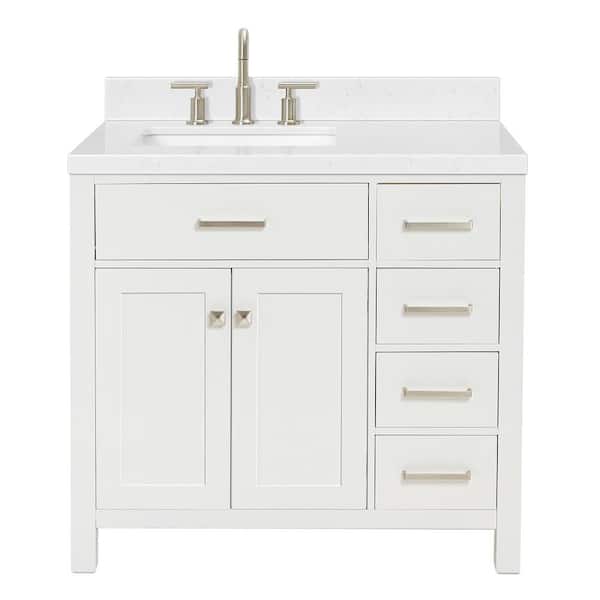 Bristol 36.25 in. W x 22 in. D x 36 in. H Single Sink Freestanding Bath Vanity in White with Carrara White Quartz Top