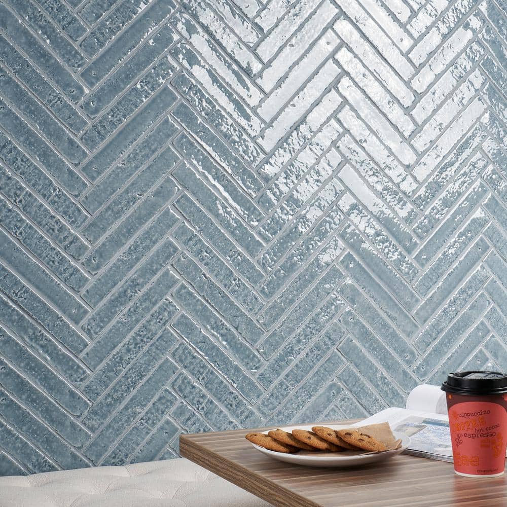 River Blue Glossy Ceramic Subway Wall Tile, 2-in x 9-in