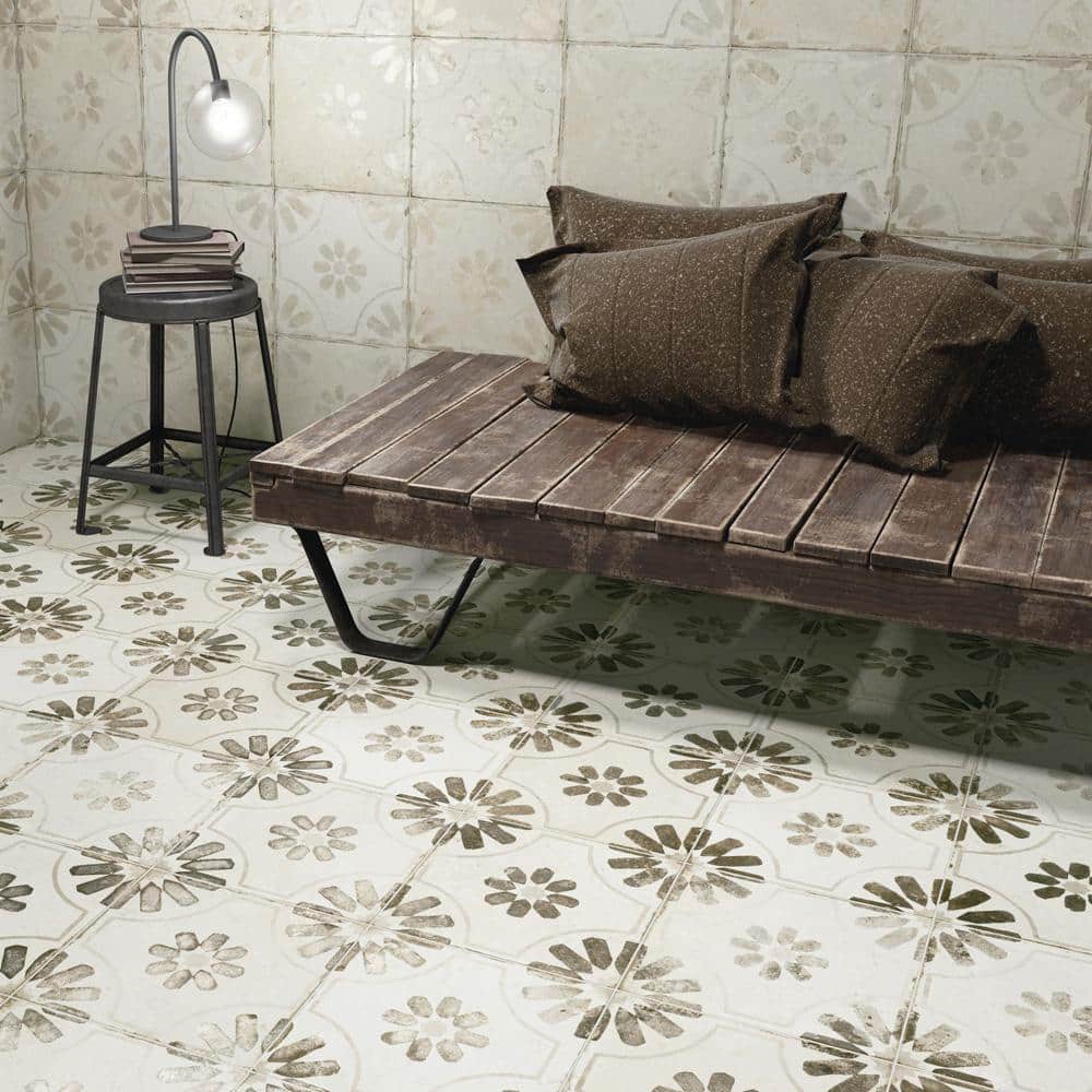 Rustic Farmhouse Floral Motif 17.63" Ceramic Floor & Wall Tile
