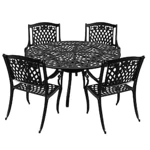 Black 5-Piece Round Aluminum Mesh Outdoor Dining Set with 4-Chairs