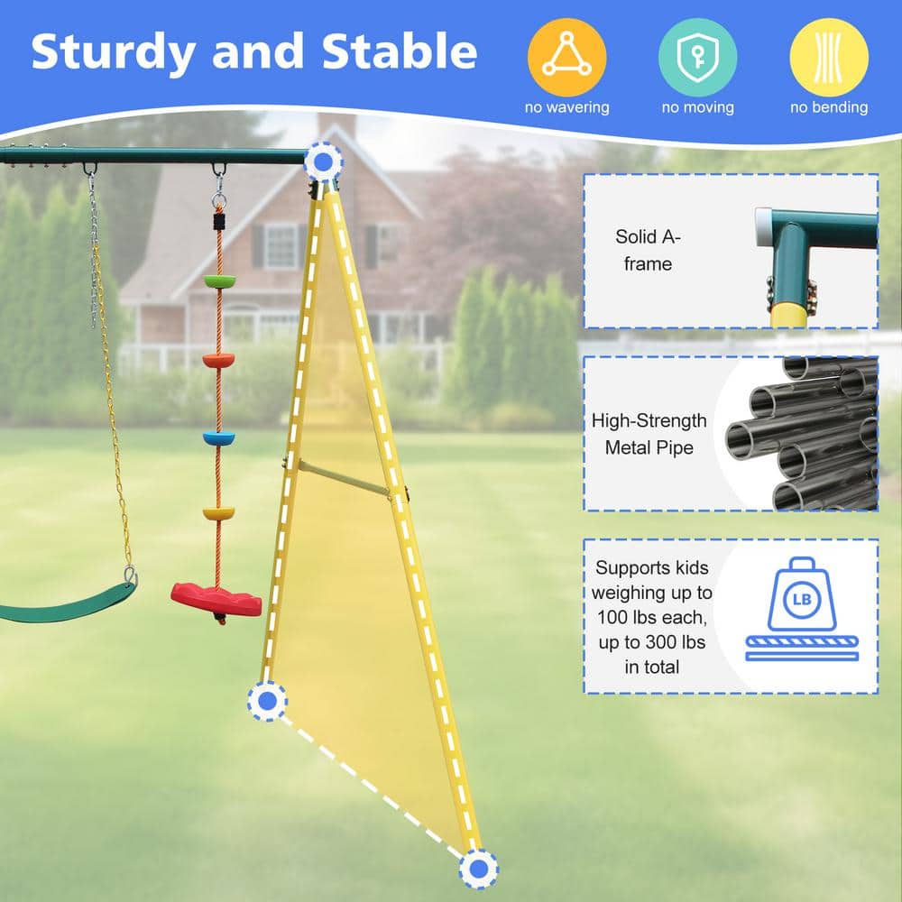 Yellow Steel Frame 3-in-1 Kids Swing Set with Climbing Ladder