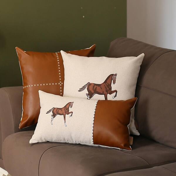 Mike&Co. New York Boho Embroidered Horse Handmade Set of 4 Throw Pillow 12 x 20 Vegan Faux Leather Solid Beige & Brown Lumbar for Couch, Bedding 
