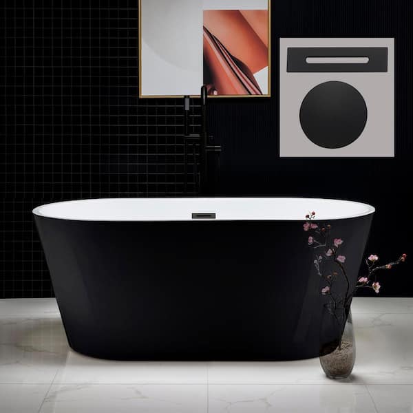 WOODBRIDGE Cowen 59 in. Acrylic FlatBottom Double Ended Bathtub with Matte Black Overflow and Drain Included in Black