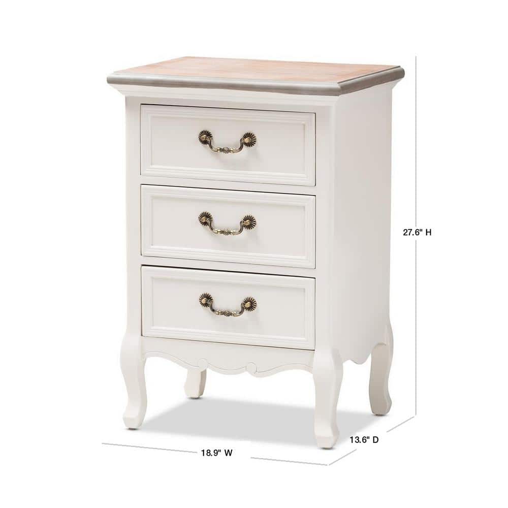 Capucine Whitewashed Oak and White 3-Drawer Nightstand