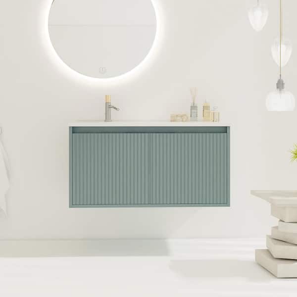 Unbranded 36 in. W x 18 in. D x 18 in. H Wall Mounted Bath Vanity in Green with White Cultured Marble Top