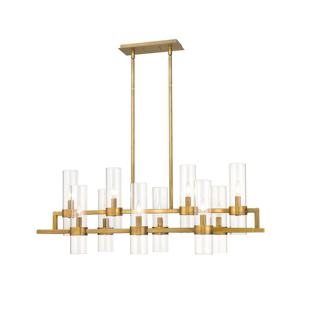 Datus 42.5" Rubbed Brass 10-Light Chandelier with Clear Glass Cylinders