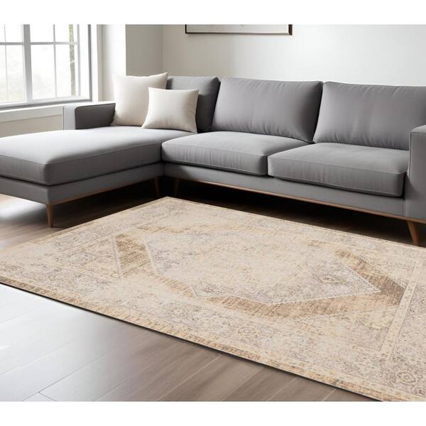 8' X 10' Beige Oriental Power Loom Washable Area Rug