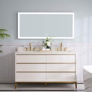 60 in. W x 22 in. D x 35 in. H Solid Wood Bath Vanity in White with White Quartz Top Double Sink White Mirror with Light