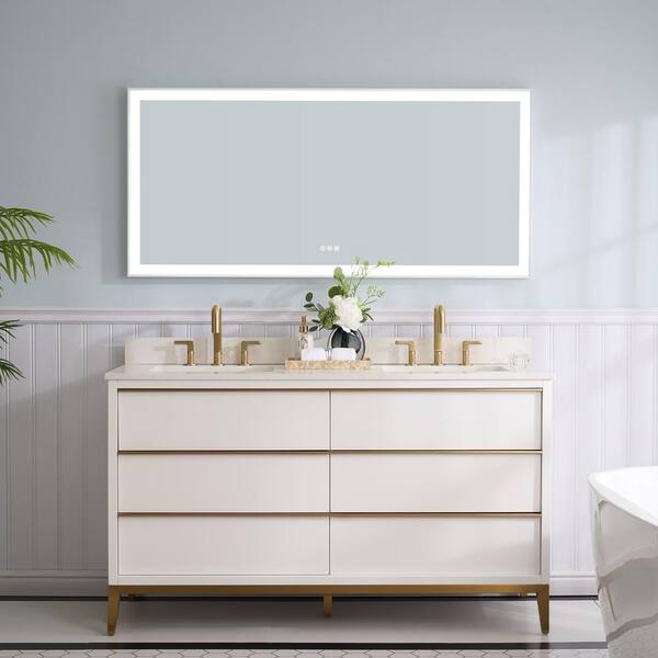 ANGELES HOME 60 in. W x 22 in. D x 35 in. H Solid Wood Bath Vanity in White with White Quartz Top Double Sink White Mirror with Light