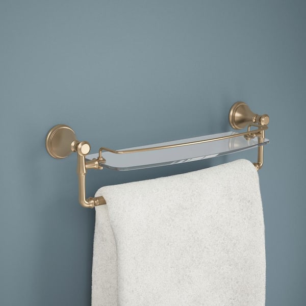 Cassidy 18 in. H x 6 in. D Glass Bathroom Shelf with Towel Bar in Champagne Bronze