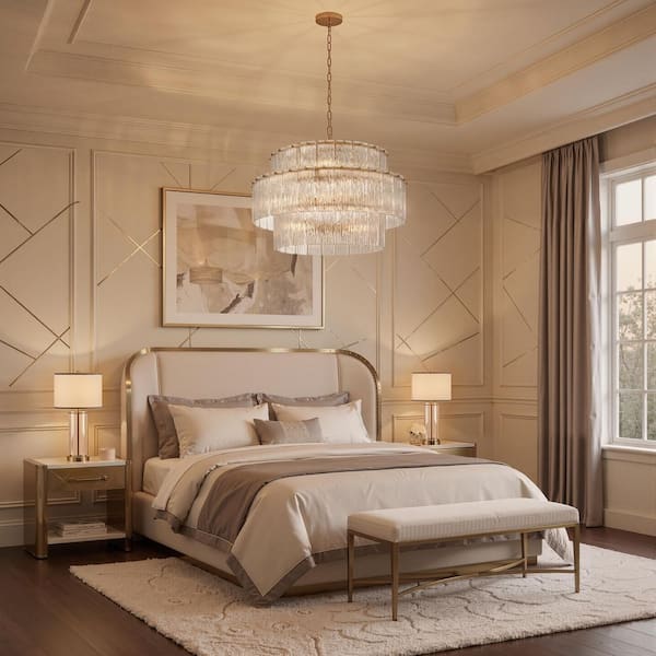 27.5 in. 10-Light Painted Gold Modern 3-Tier Hardwired Chandelier with Textured Glass Panels and Adjustable Chain