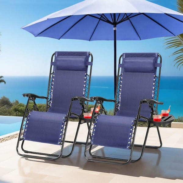 Patio Navy Blue Metal Folding Beach Chair Zero Gravity Chairs with Cup Holder Trays (Set of 2)