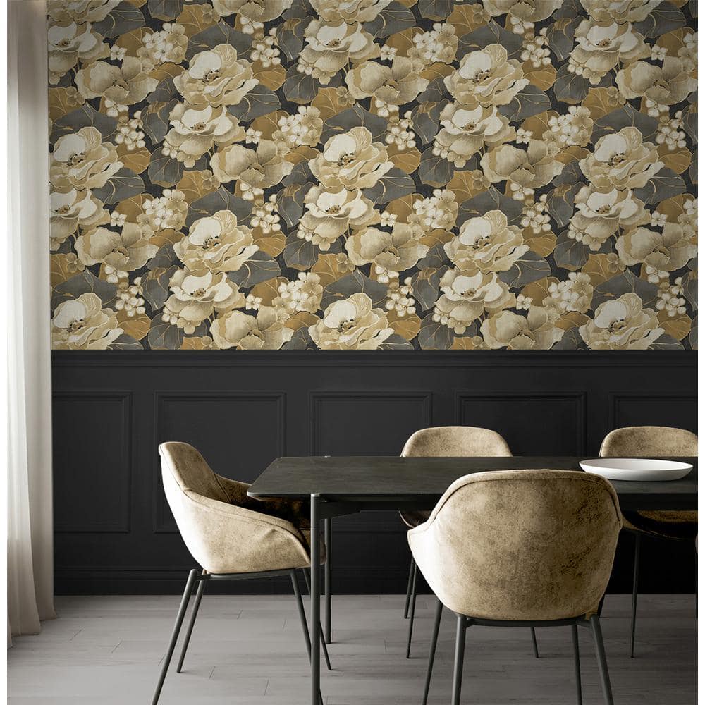 Ebony and Antique Gold Floral Peel and Stick Wallpaper