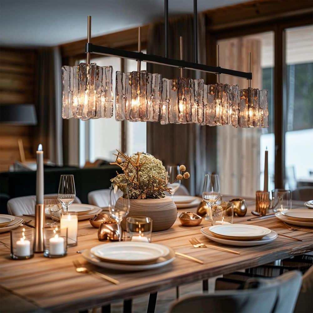 Kasy 5-Light Black and Brass Linear Chandelier with Smoke-Gray Glass