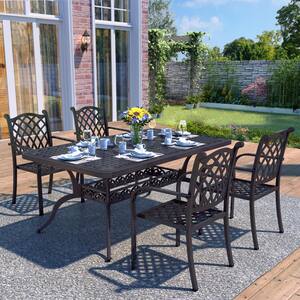 Classic Dark Brown 5-Piece Cast Aluminum Rectangle Outdoor Dining Set with Table and Stackable Dining Chairs