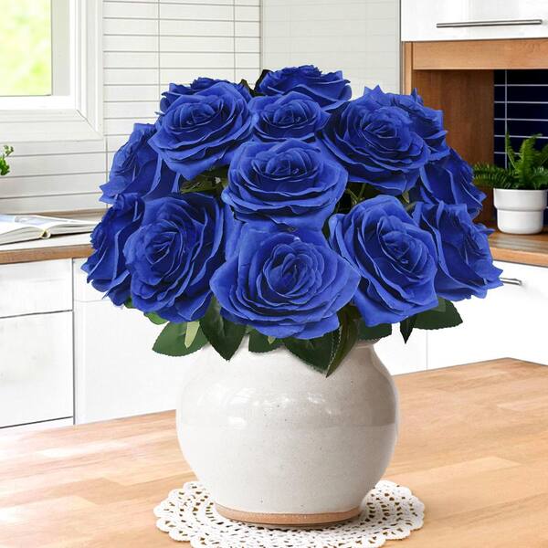 18 in. Royal Blue Artificial Queen Rose Flower Stem Bush Bouquet (Set of 2)