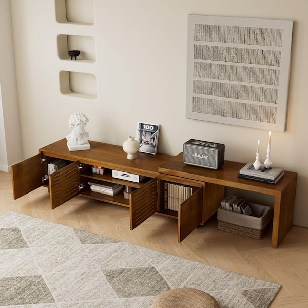 63 in. Modern Wood Extendable TV Stand with Real Wood Veneer Finish, Adjustable Panels and Storage (Max TV Size 75 in.)
