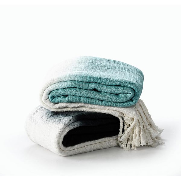 HomeRoots Charlie Blue and White Woven look Cotton Throw Blanket ...