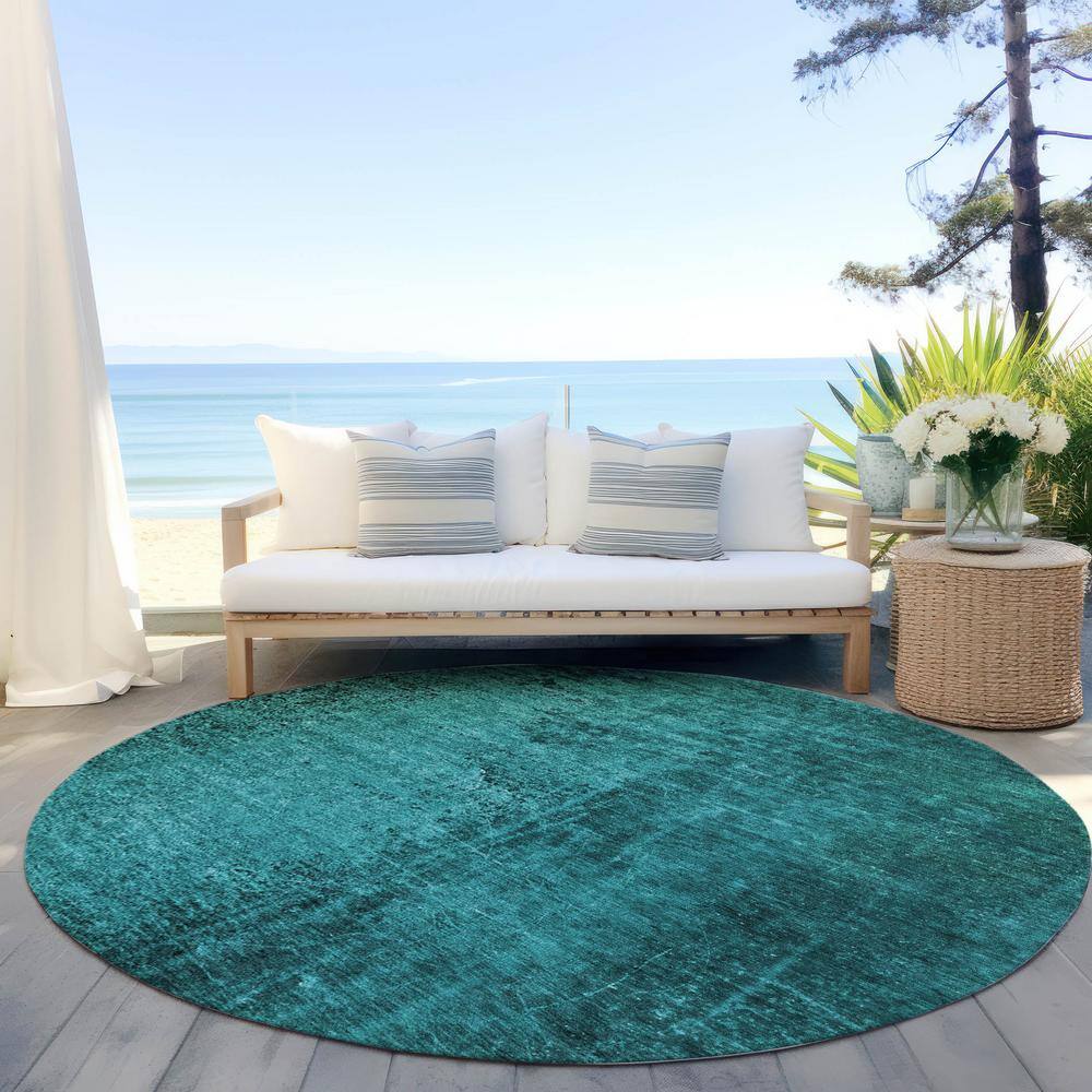 Teal Round Machine-Washable Synthetic Area Rug with Non-Skid Backing
