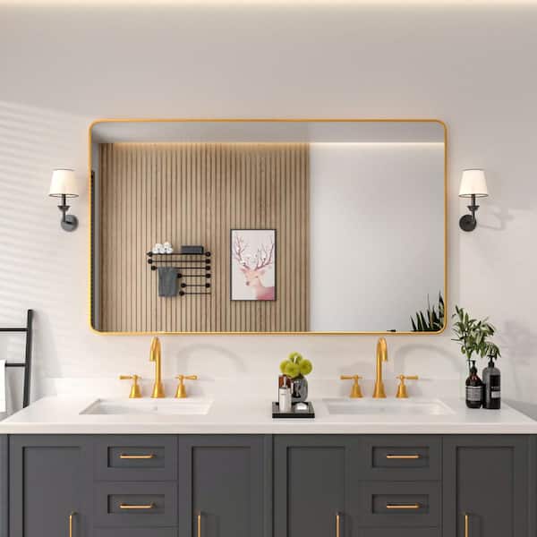 niveal 60 in. W x 36 in. H Rectangular Framed Wall Bathroom Vanity Mirror in Brass