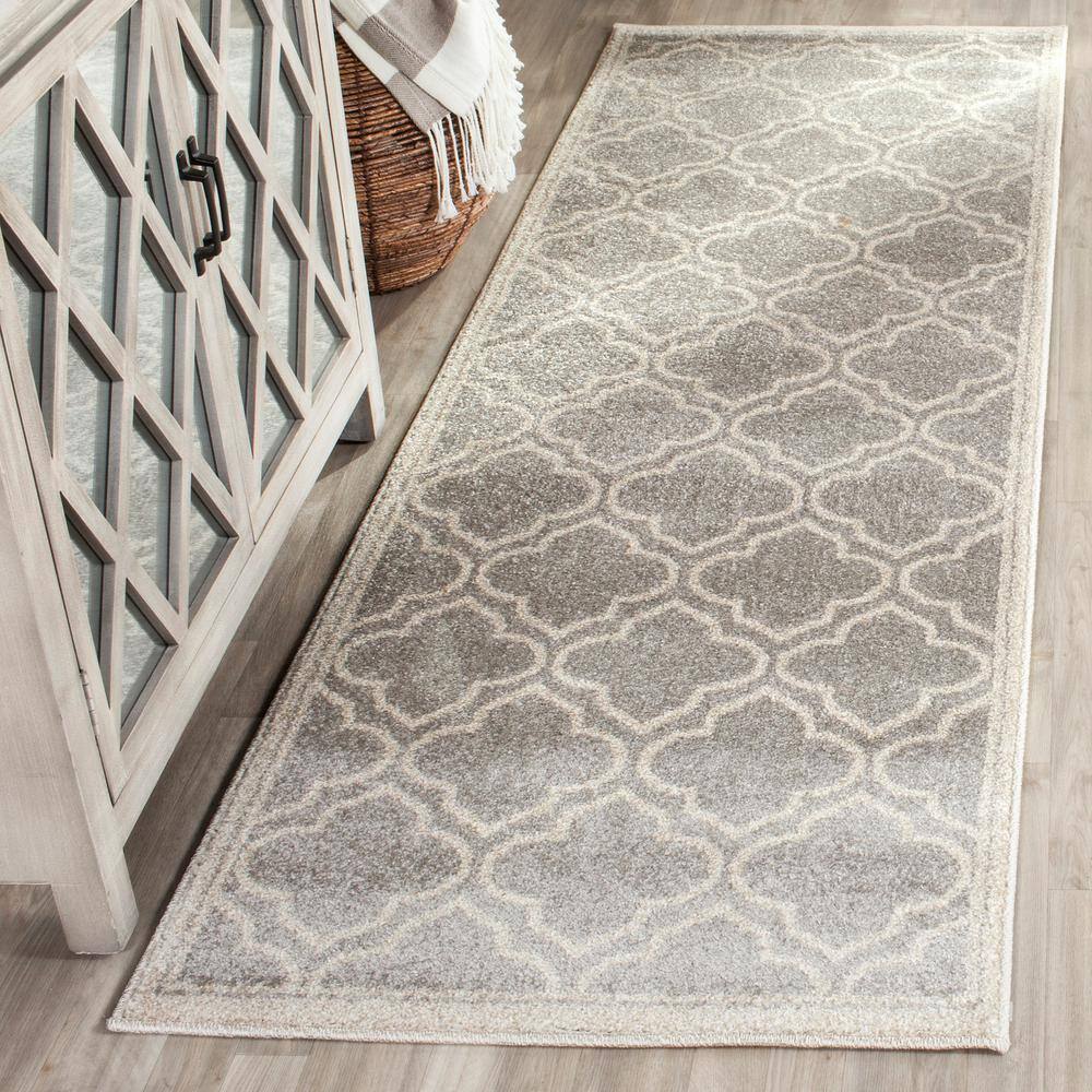 Elysian Grey and Light Grey Hand-knotted Geometric Runner Rug - 2'3" x 13'