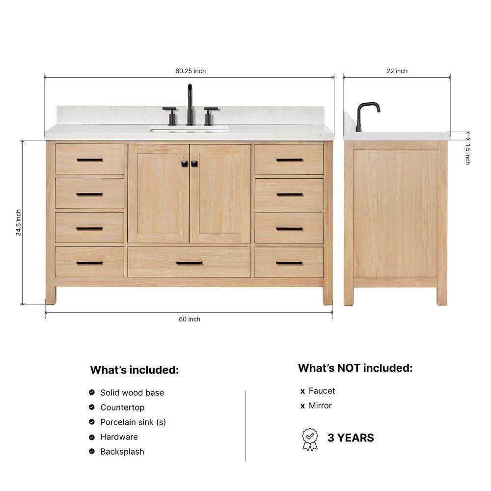 Cambridge 60.25'' Oak Single Sink Vanity with Quartz Top