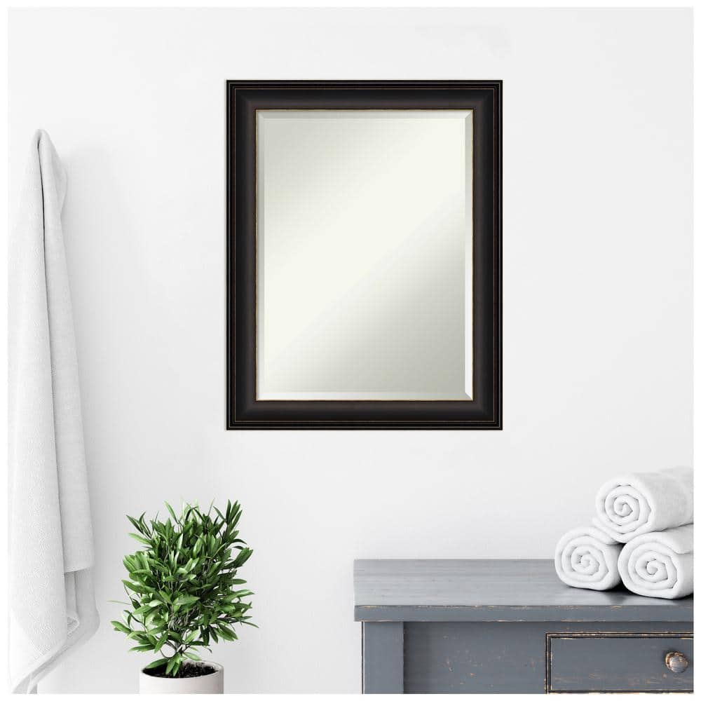 Dark Wood and Bronze Rectangular Wall Bath Mirror