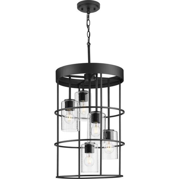 Progress Lighting Burgess 5-Light Matte Black Rustic Seeded Glass Cylinder Medium Hanging Pendant Light