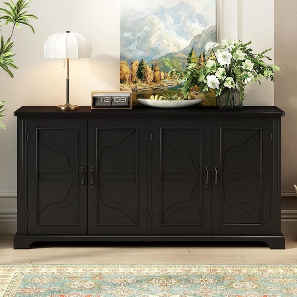 American Country Style Black 31.3 in. H Wooden Accent Cabinet with 2-Shelves and 4-Metal Handles
