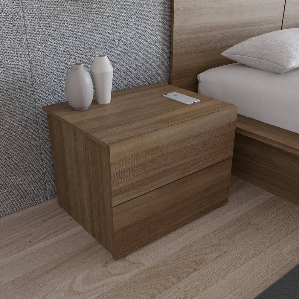 Natural Brown Oak 2-Drawer Nightstand with Melamine Finish
