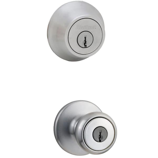 Kwikset Tylo Satin Chrome Exterior Entry Door Knob and Double Cylinder Deadbolt Combo Pack