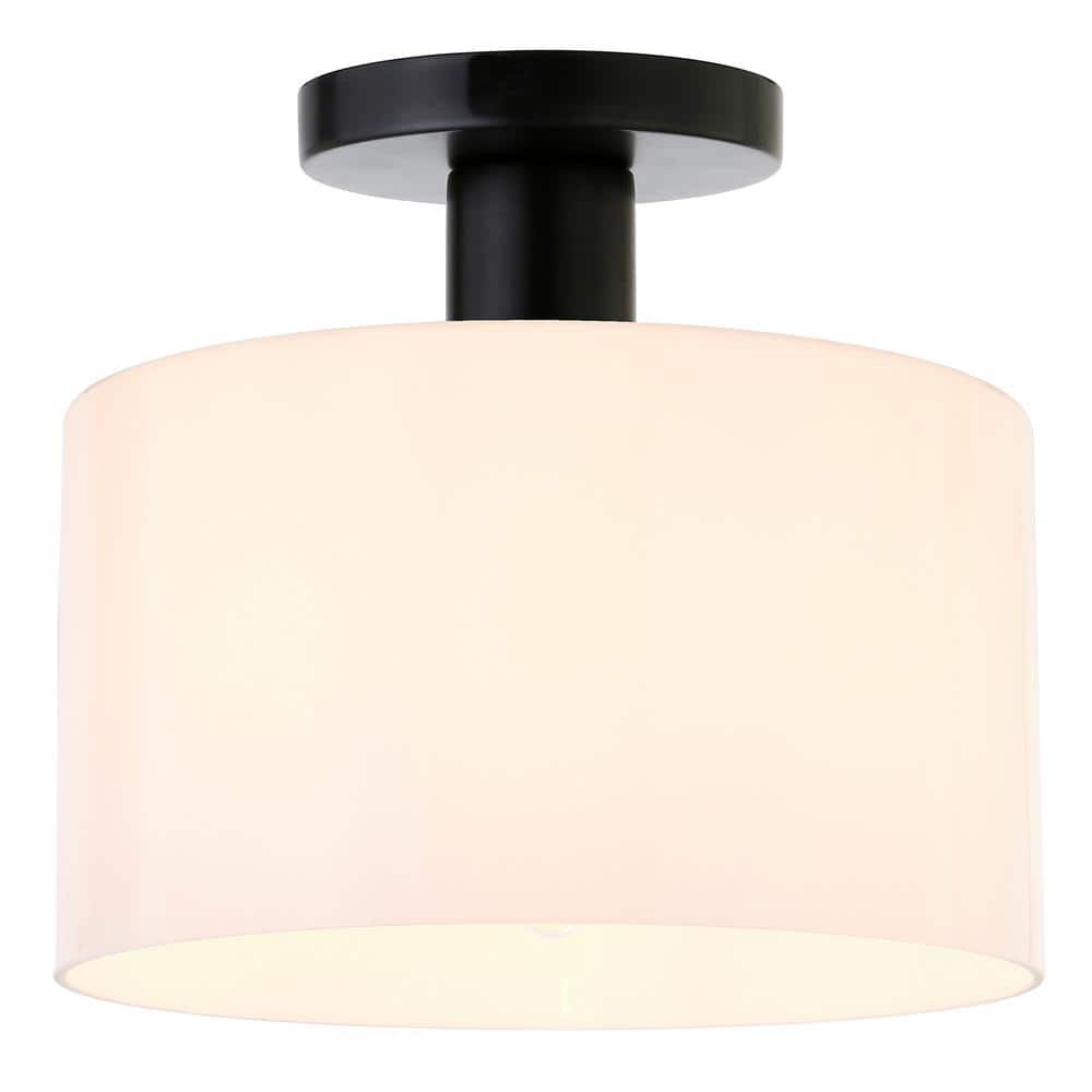 Henri 10" Matte Black Semi Flush Mount with White Glass Drum Shade