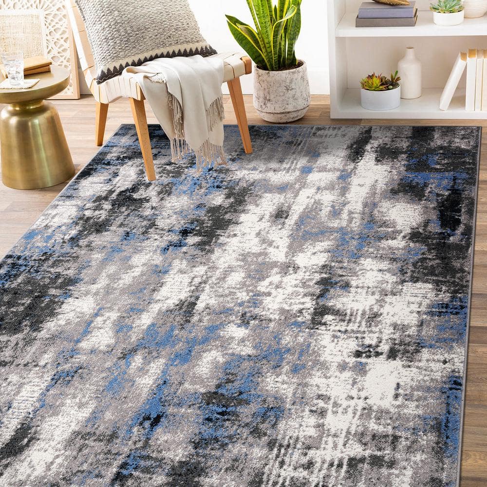 Blue and Gray Abstract 5' x 7' Stain-Resistant Synthetic Area Rug