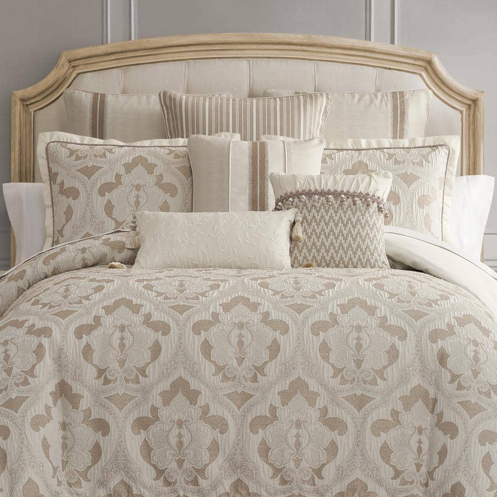 Ivory and Beige Embroidered Square Polyester Pillow