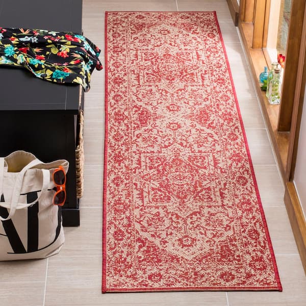 Linden Red/Creme 2 ft. x 12 ft. Floral Medallion Border Indoor/Outdoor Runner Rug