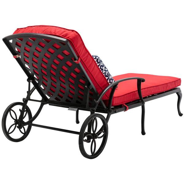 Tenleaf Black Metal Outdoor Chaise Lounge with Red Cushion