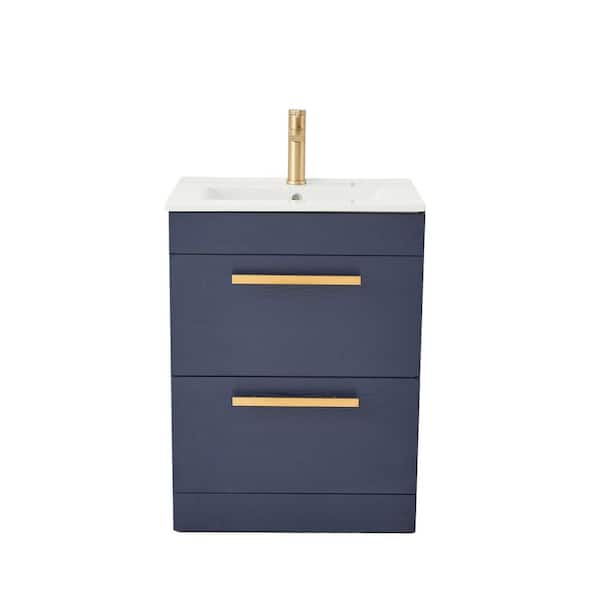 Comllen 24 in W x 15 in D x32 in H Blue Wood Grain Minimalist Bathroom Vanity with Single White Ceramic Sink Top