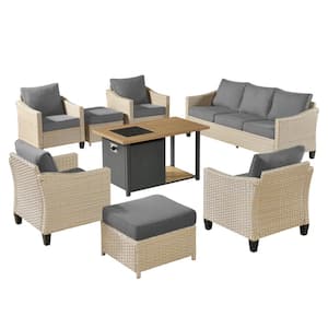 Oconee 8-Piece Wicker Modern Outdoor Patio Conversation Sofa Seating Set with a Storage Fire Pit and Dark Gray Cushions