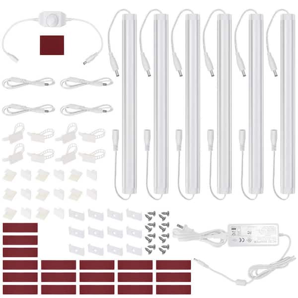 6-Pack 12 in. Warm White Under Cabinet LED Lighting, Plug in or Hardwired Light Strips for Closet, White Cable