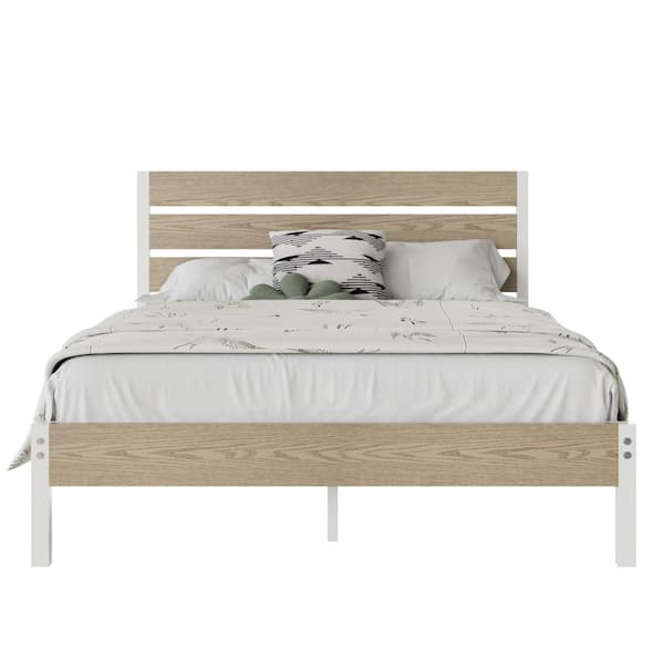 Queen Bed Frame with Brown Wood Headboard and Footboard, No Box Spring Needed, Strong Metal Slats Support Platform Bed