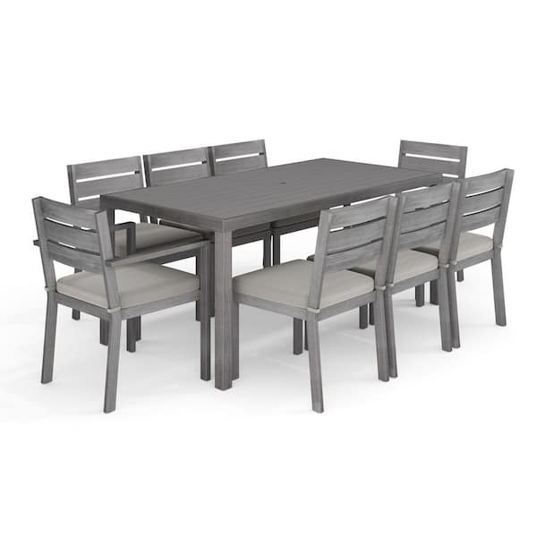 Bedford Gray Brushed Woodgrain Aluminum Indoor-Outdoor Patio Set with 70 in. Table and 8 Dining Chairs