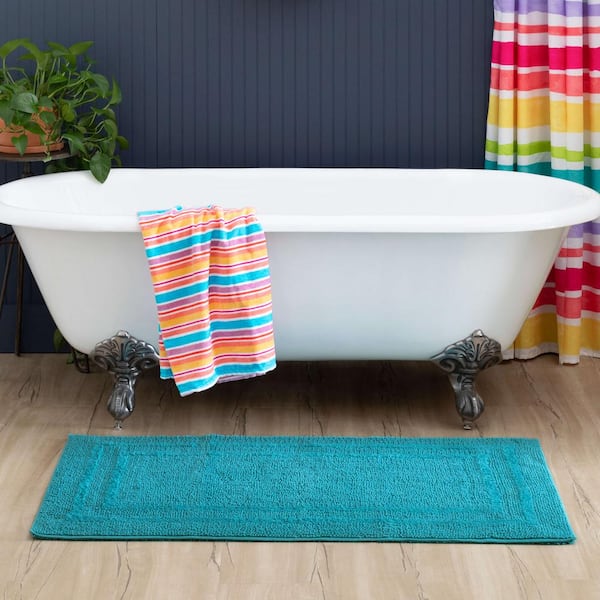 Cotton Reversible Fiesta Teal 27 in. x 45 in. Blue Cotton Machine Washable Bath Mat