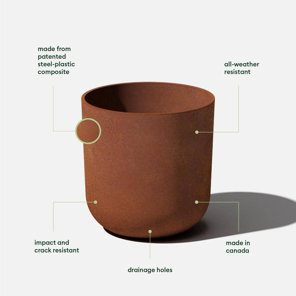 Rust Round Plastic-Steel Outdoor Planter, 15 inch
