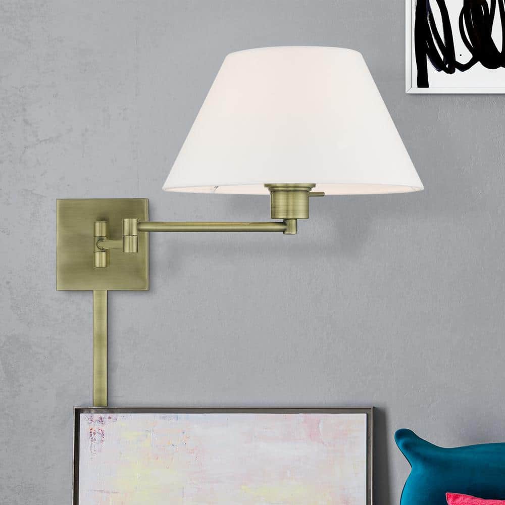 Antique Brass Swing Arm Wall Lamp with Fabric Shade
