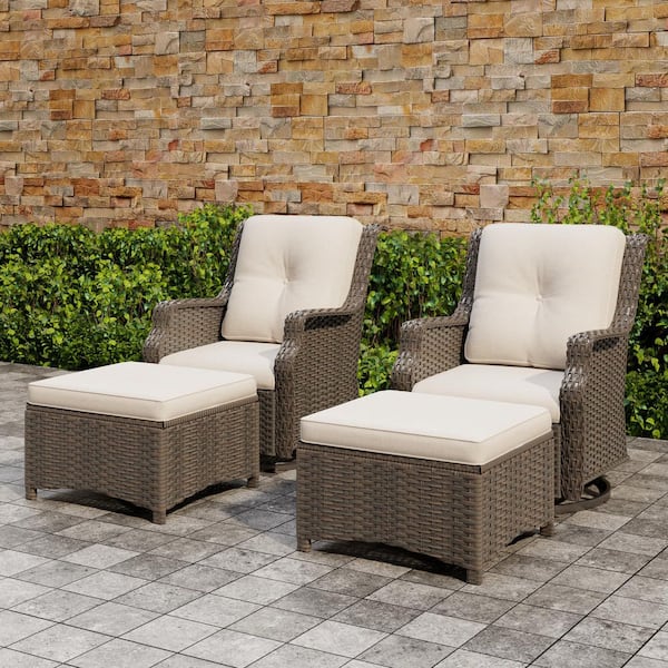 4-Piece Wicker Patio Lounge Chair Set with Swivel Rockers, Ottomans, and Beige Cushions Chat Set