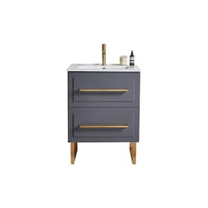 24 in. W x 15 in. D x 32 in. H 2-Drawers Bathroom Vanity Cabinet in Dark Gray with Single White Ceramic Sink
