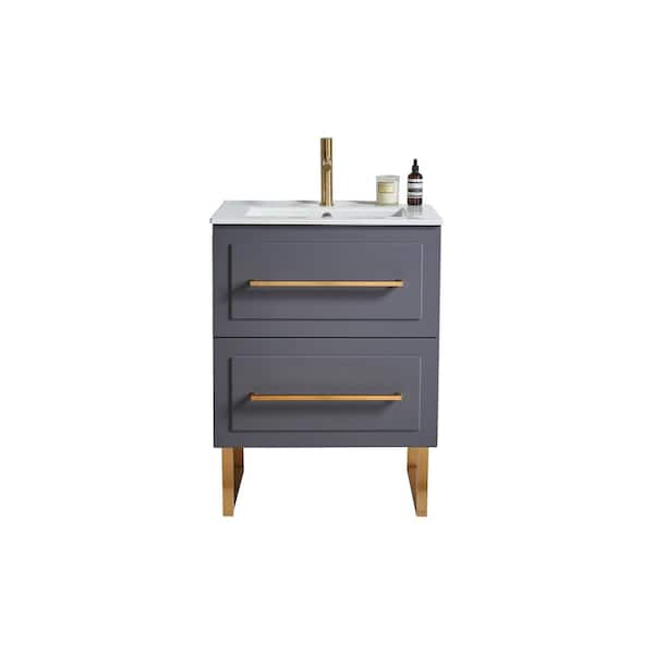 VAPSINT 24 in. W x 15 in. D x 32 in. H 2-Drawers Bathroom Vanity Cabinet in Dark Gray with Single White Ceramic Sink