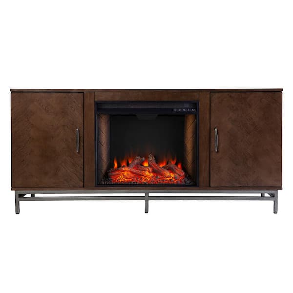 Southern Enterprises Oliver 60 in. Alexa Enabled Smart Electric Fireplace in Brown with Matte Silver