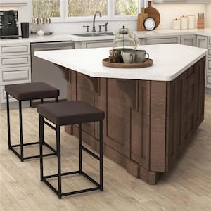 30 in. Brown Backless Metal Bar Stool Counter Stool with Faux Leather (Set of 2)