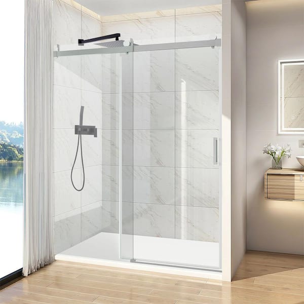 ANGELES HOME 68-72 in. Wx 76 in. H Single Sliding Frameless Soft-Close Shower Door in Brushed Nickel w/ Premium 3/8 in.Tampered Glass